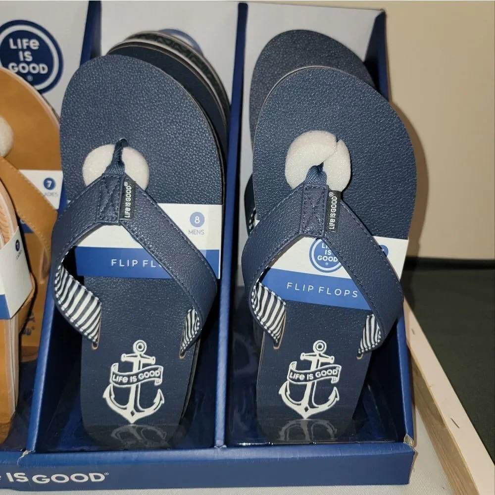 Life Is Good Blue w Nautical Anchor Sandals • Texture Sole • NEW • Sizes 7 8 9
